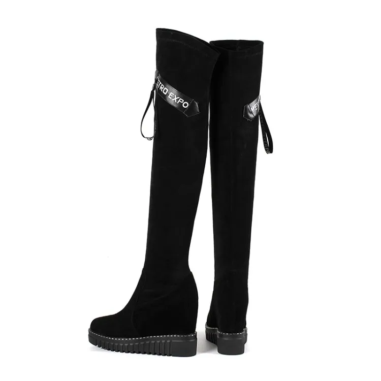 MLJUESE/женские замшевые сапоги выше колена на танкетке визуально увеличивающие