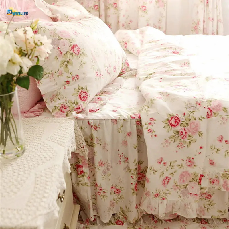 

Pastoral rose print bedding set ruffle duvet cover princess quilt cover wrinkle bedspread bed sheet skirt bedroom bedding gift