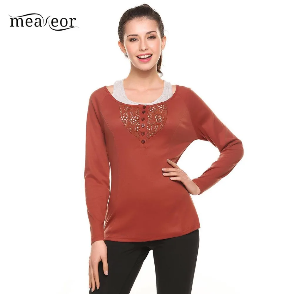 Meaneor Casual Women T-Shirts Top New Female Clothes O-Neck Long Sleeve Lace Shirts Hollow Out Patchwork T-Shirt with Solid Tank | Женская