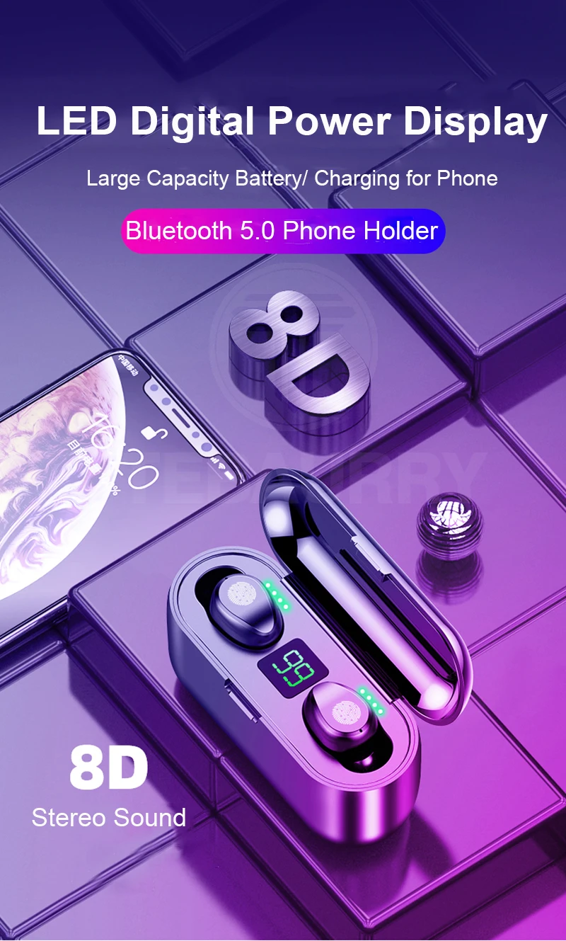 TWS V5.0 Bluetooth наушники 8D стерео беспроводные наушники спортивные беспроводные наушники со светодиодный зарядным отсеком 2000 мАч держатель для телефона