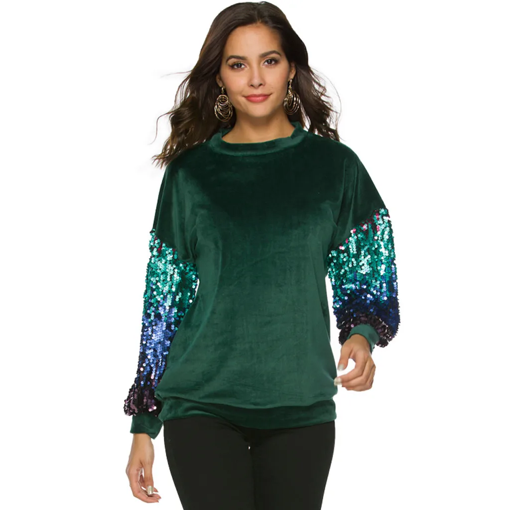 WOMAIL Bling Sequines модная футболка с длинным рукавом Женская однотонная Повседневная Лоскутная футболка с круглым вырезом для женщин 19JAN30