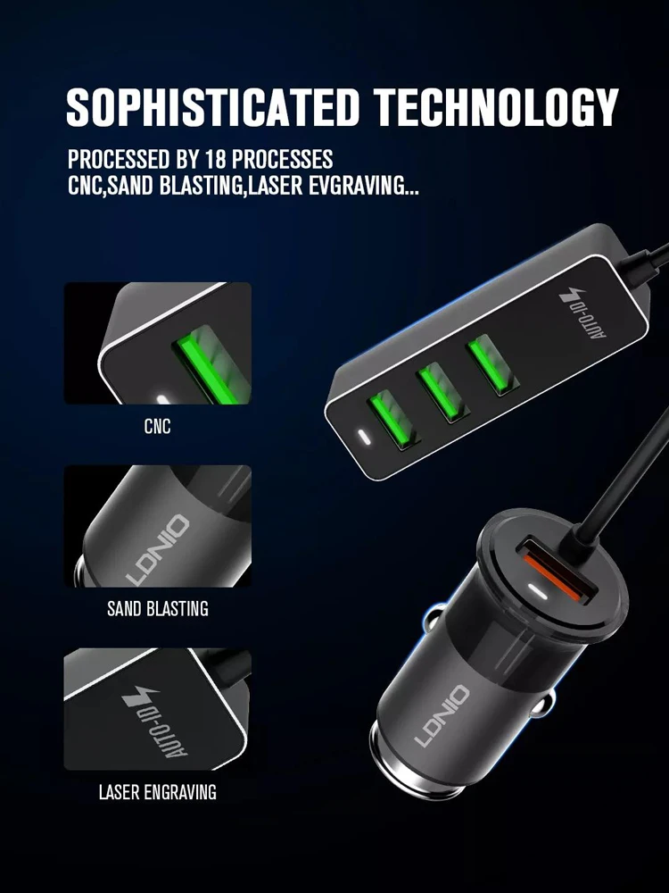 LDNIO, 4 USB, быстрое автомобильное зарядное устройство для iPhone, iPad, samsung, планшета, зарядное устройство для мобильного телефона, 5 В, 5,5 А, автомобильное USB зарядное устройство, кабель 1,2 м