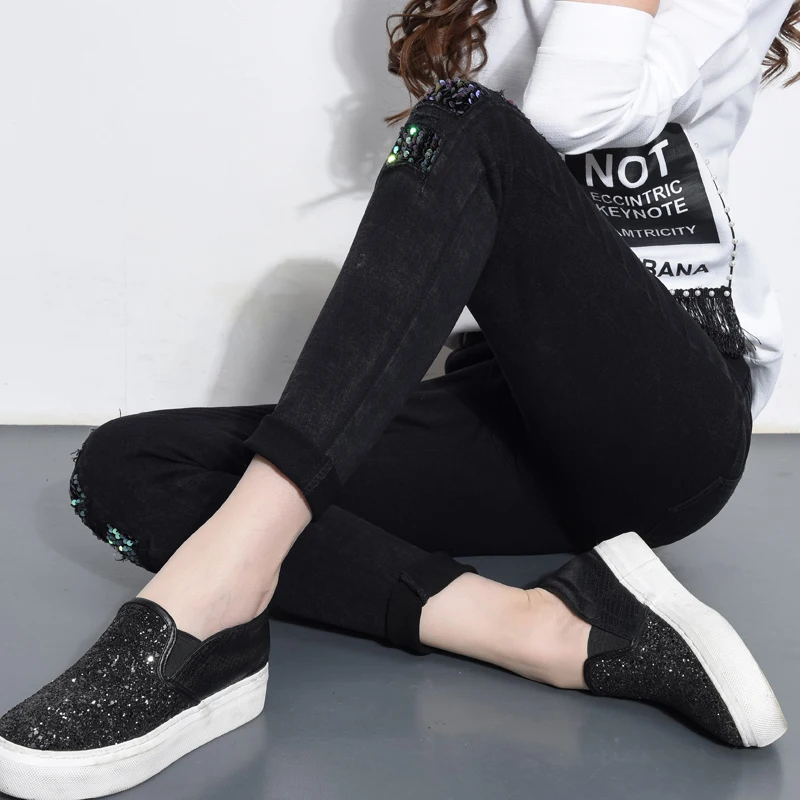 2018 весенние эластичные брюки с блестками алмазные женские зауженные длинные