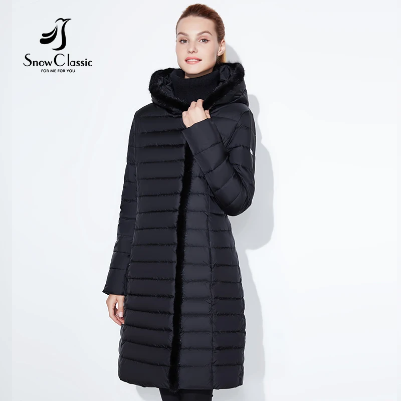 SnowClassic жакет женщин теплый зимний длинный пальто мода весна outwear сплошной тонкий толстый куртка передний край лиса меховой воротник