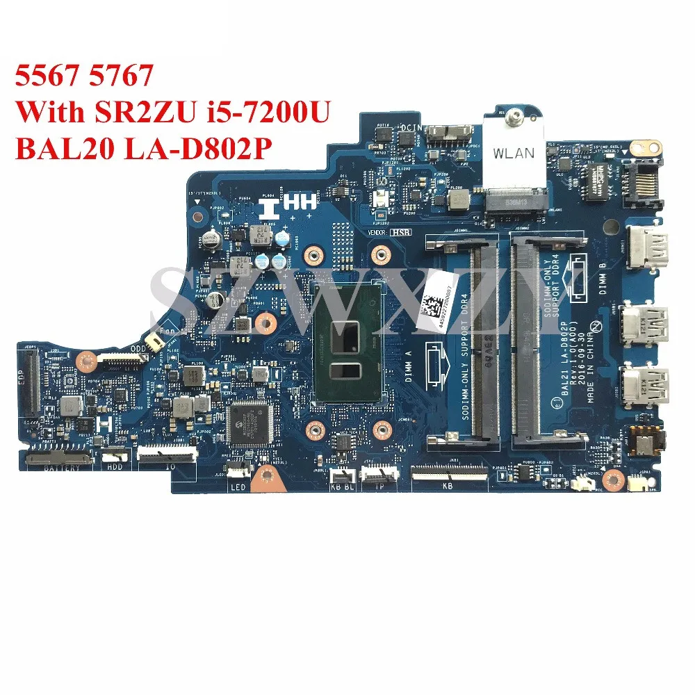 Для Dell Inspiron 15 5567 5767 Материнская плата ноутбука BAL20 LA-D802P DG5G3 0DG5G3 CN-0DG5G3 с SR2ZU i5-7200U
