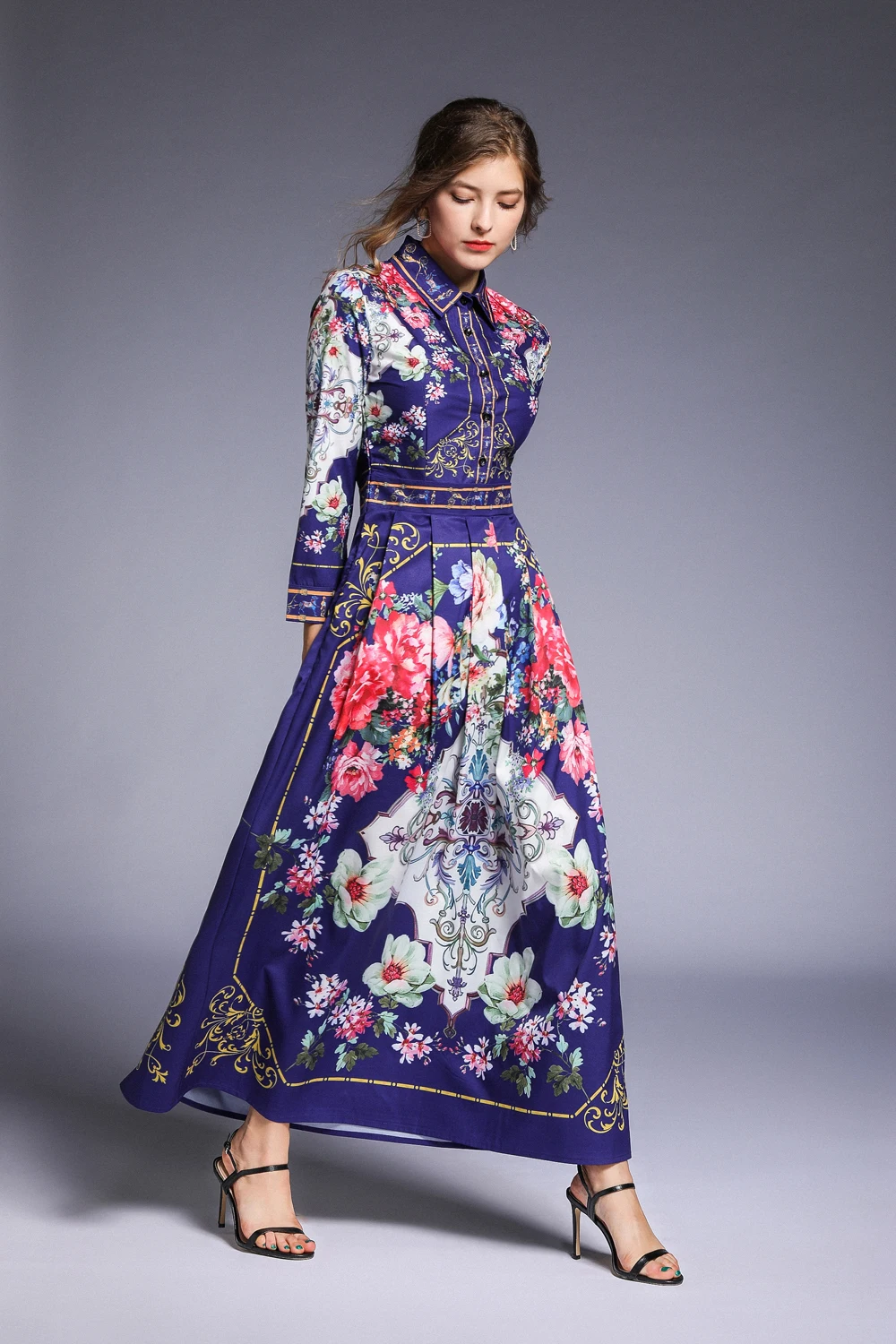 2019 Spring Summer Fall Runway Vintage Floral Print Collar Long Sleeve Empire Waist Women Lady Party Casual A-Line Maxi Dress | Женская
