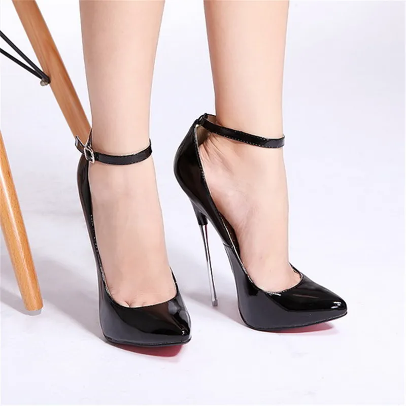 Женские туфли с острым носком высокий каблук шпилька 16 см металлическим ремешком