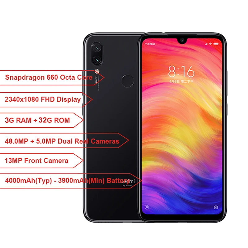 Глобальная версия Xiaomi Redmi Note 7 3 ГБ 32 Смартфон Snapdragon 660 четыре ядра 6 дюйма FHD +