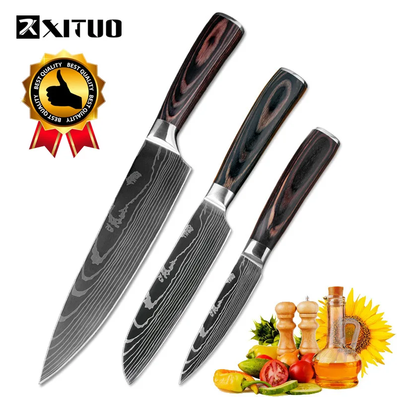 3 PCS value set XITUO Высокое качество нож шеф-повара 7CR17 с высоким содержанием углерода Нержавеющая сталь японская серия из дамасской стали с лазерным узором шеф-повара 8-в кухонный нож - Цвет: 3 PCS value set