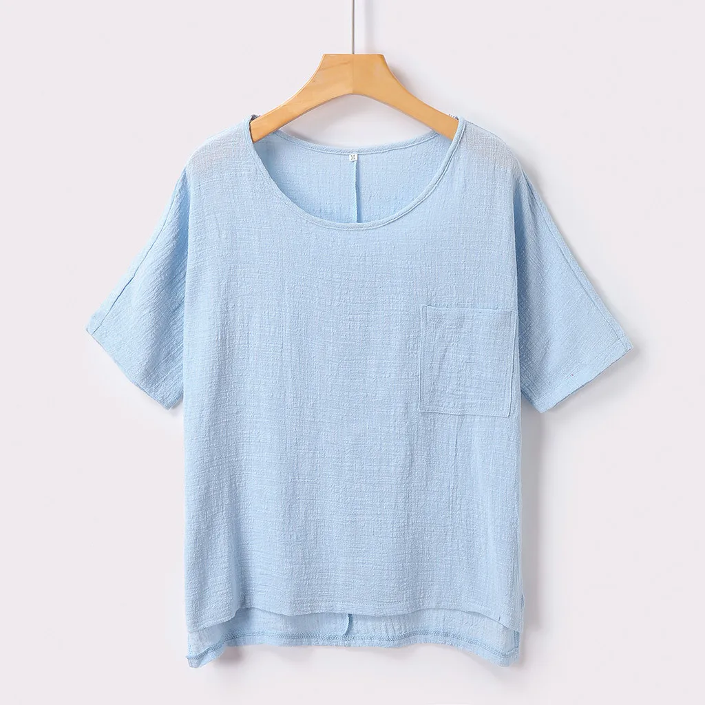Женская блузка Blusas Mujer De Moda, Женская хлопковая и льняная рубашка с коротким рукавом и карманом, топ, блузка, женская блузка