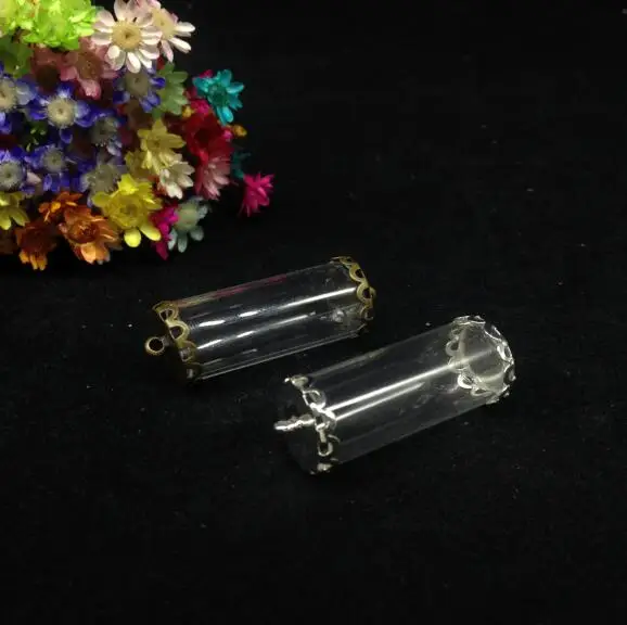

5pcs 28*12mm clear open tube jars glass vial pendant with two lace tray glass wishing bottle necklace glass diy globe cover dome