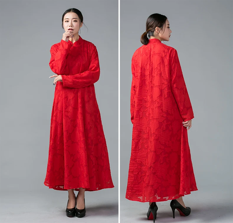 

2017Autumn Women burn flower long Dress comfortable loose national wind mandarin collar elegant dress vestidos plus size Xl-5XL