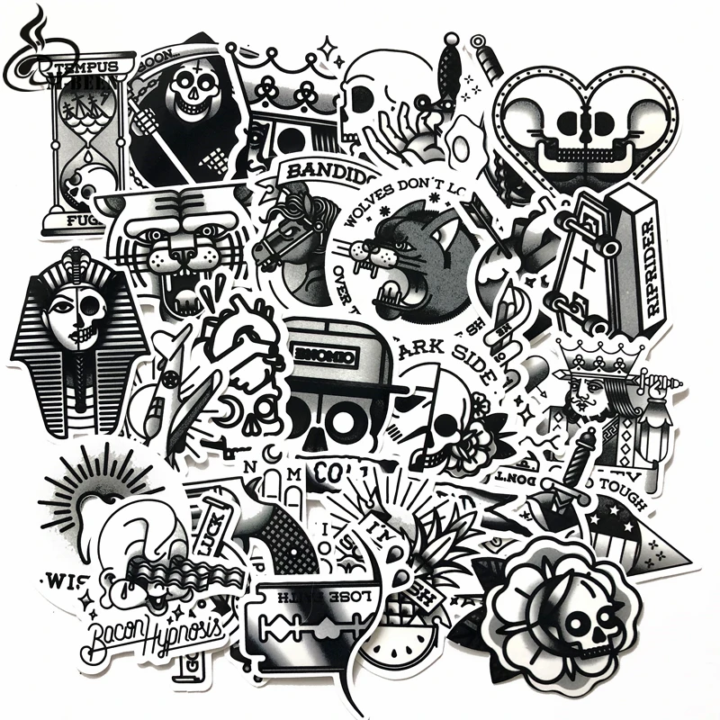 

29 шт./лот черно-белые старые школьные татуировки наклейки для ноутбука чемодан скейтборд маленький винтажный стиль водонепроницаемые солн...