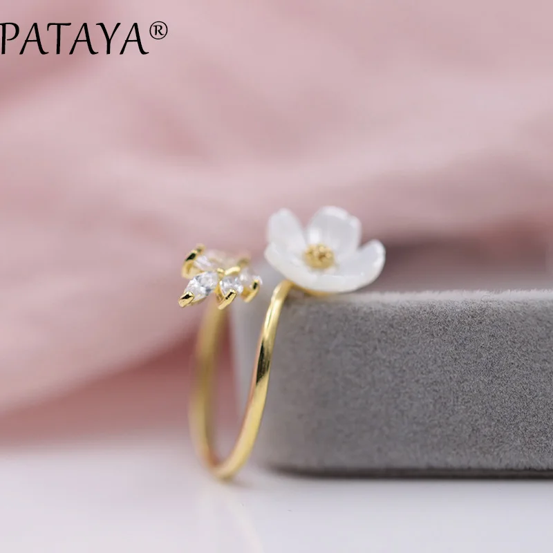 PATAYA Merry Christmas подарок на год модные золотые украшения Настоящее Белое золото ракушка Цветы Природный Цирконий вверх Открытые Кольца для женщин