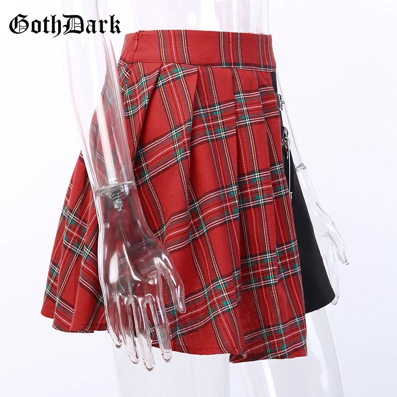 Goth Dark Red Plaid Punk Gothic Skirts Patchwork Rivet Belt Pleated Asymmetrical Belt Grunge Women's Skirt Fall2019 Fashion Sexy