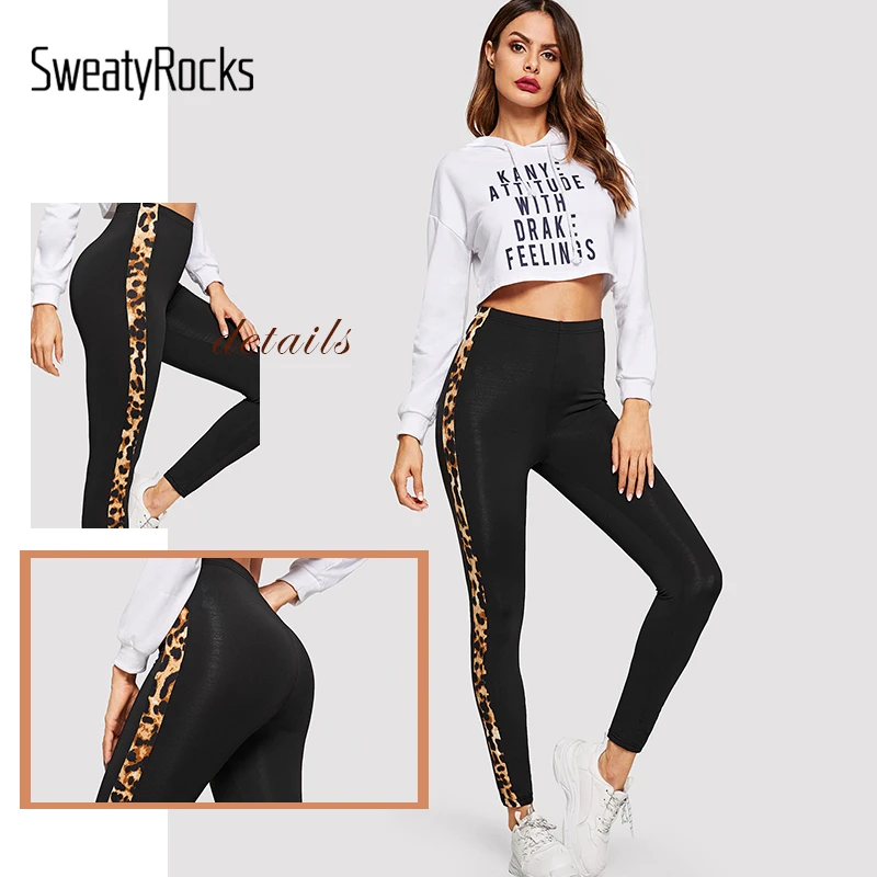SweatyRocks, контрастные леопардовые Ленточные леггинсы, женская одежда для активного отдыха, высокая талия, обтягивающие леггинсы,, весенние модные леггинсы для активного отдыха
