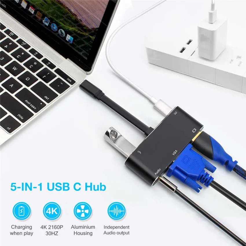 Usb концентратор для HDMI 4K адаптер VGA USB3.0 5 в 1 конвертер USB Type C с разъемом 3 мм быстрой