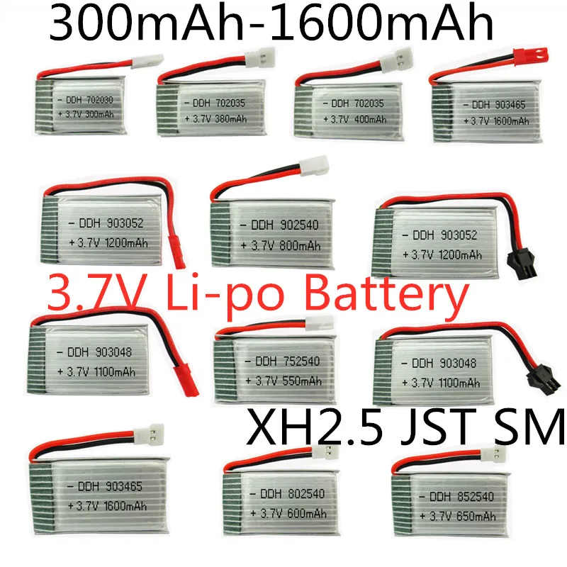 3 7 V 300 380 400mAh 550mAh 800mAh 1100mAh 1600mAh Lipo батарея XH2.5 SM JST для R/C Drone Quadcopter Вертолет Rc ЗАПАСНЫЕ