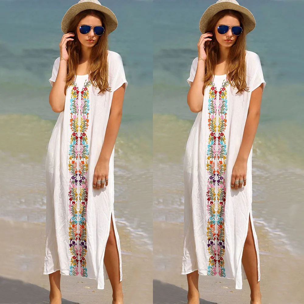 Женское платье Лето 2018 кафтан пляжный купальник с вышивкой коротким рукавом