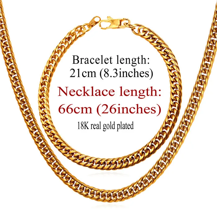 gold plated 26inch U7 Позолоченный Панцирь Цепь Ожерелье и Браслет Ювелирные Наборы Щирина 6mm Хип-Хоп Стальная Цепочка Для Мужчин S842 - Окраска металла: gold plated 26inch