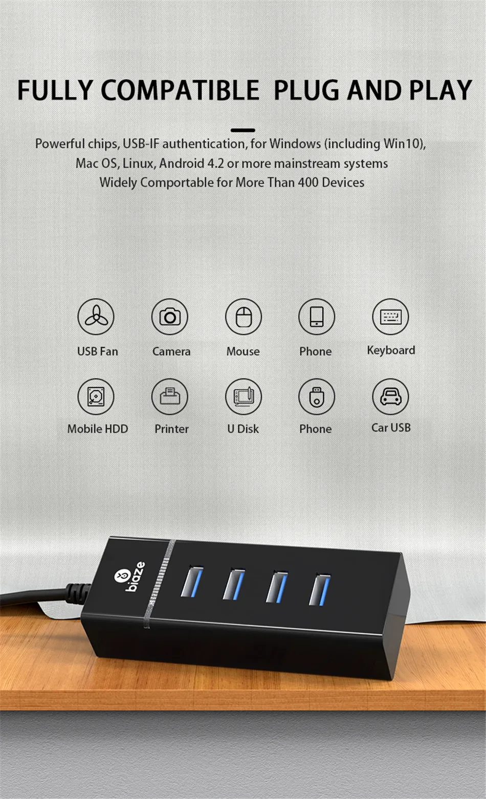 Biaze usb-хаб, мульти USB 3,0, разветвитель, док-станция, 4 порта, несколько usb-портов, расширитель для ноутбука, ПК, компьютера, высокоскоростной концентратор OTG USB 3,0