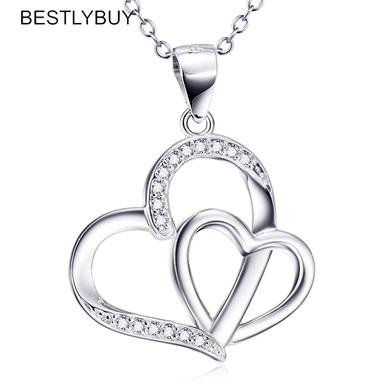 

BESTLYBUY 100% Real 925 Sterling Silver Double Love Heart Necklaces & Pendants For Women Girls Fine Jewelry Gift Free Shipping