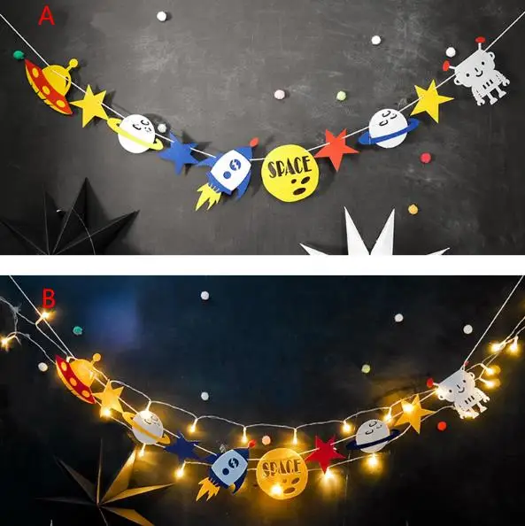 

Led Robot Party Personalized Banner Outer Space Birthday Rocket Ship Flag Garland Bunting with lights kids park club tent decor