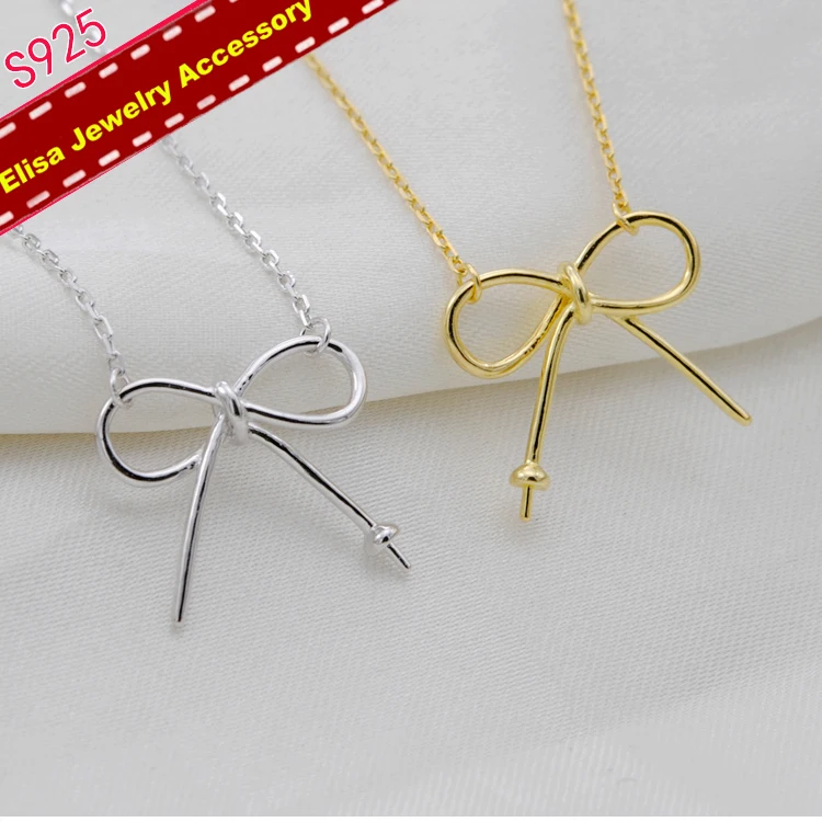 Bowknot Design Pearl Pendant Necklace Findings S925 Sterling Silver Chain Accessory Silver&ampGold Color 3Pcs/Lot | Украшения и