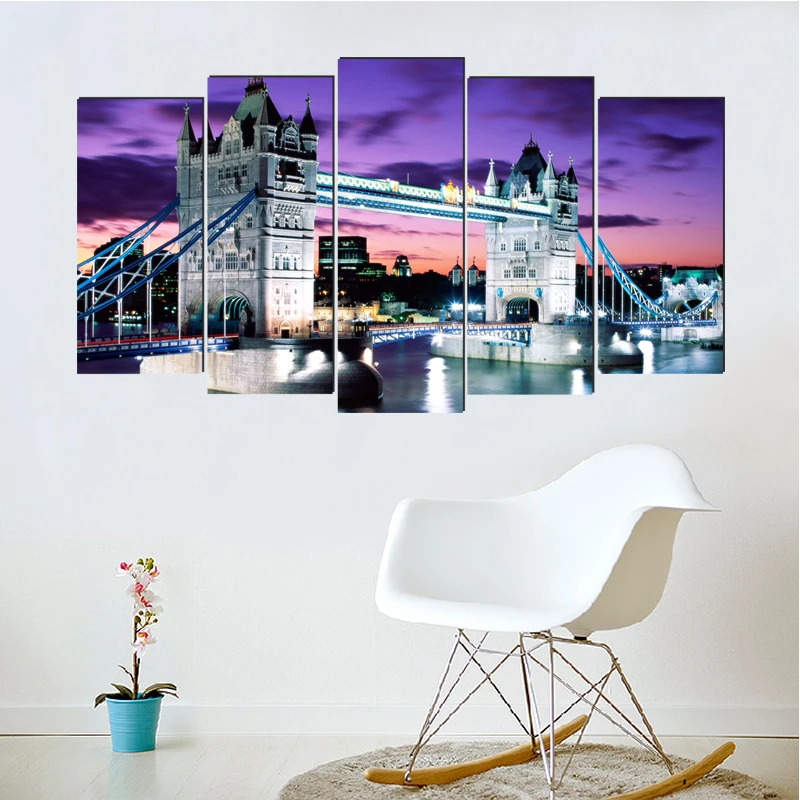 City night scene realist canvas painting classical art prints 5 psc modern wall picture for living room bedroom restaurant hotel | Дом и сад