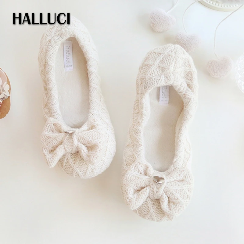 

Simple knit warm soft sole home slippers pregnant woman cute bowknot slip on shoes women Japanese indoor slippers women shoes