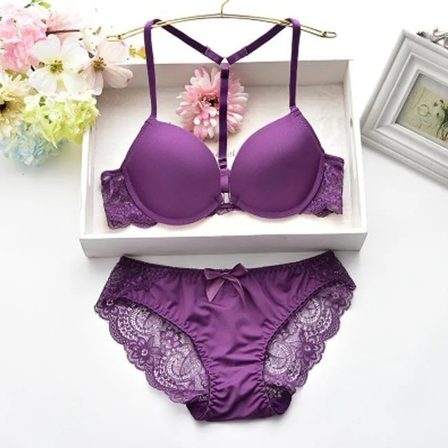 Purple Сексуальный комплект нижнего белья с застежкой спереди, глубокий v-образный вырез, пуш-ап, комплекты бюстгальтеров для женщин, Y плечевой ремень, чашка 3/4, комплект бюстгальтера и трусиков, женское нижнее белье - Цвет: Purple