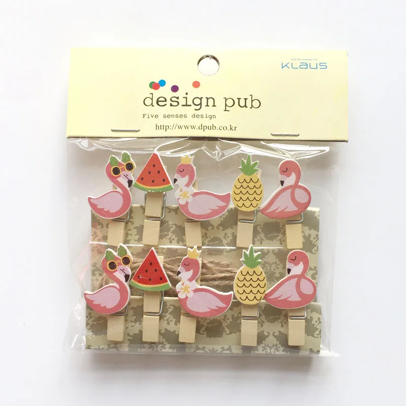 

10 Pcs/Set Fruit and Flamingo Wooden Clip Photo Clips Party Decoration Clip with Hemp Rope
