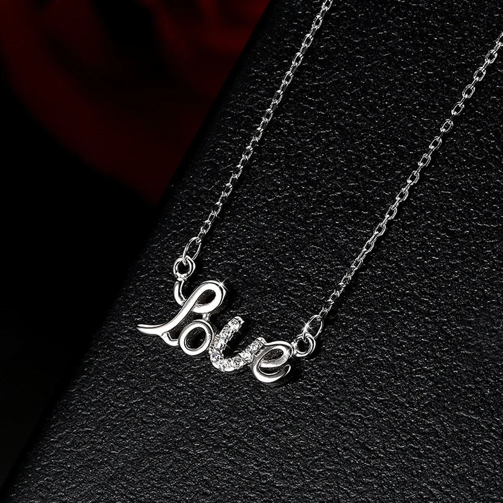 Authentic 925 Sterling Silver Necklace For Women Love Word Zircon Necklaces &amp Pendants Jewelry Charms Jewellery Choker Gift M192 |