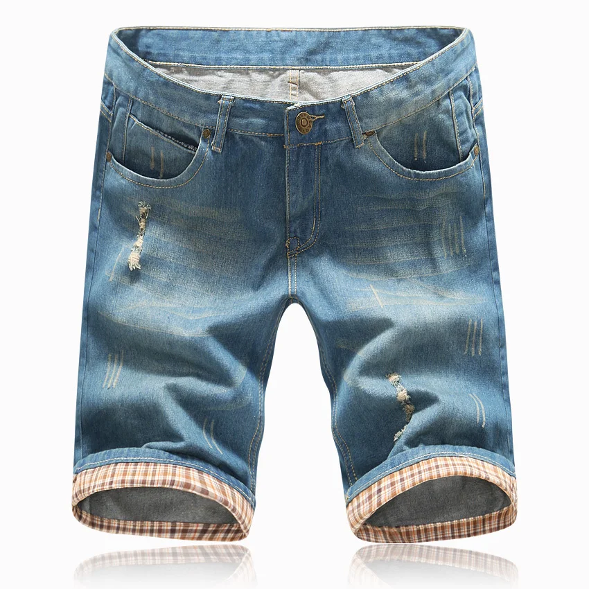 Мужские рваные джинсовые шорты светло голубые из джинсовой ткани с дырками