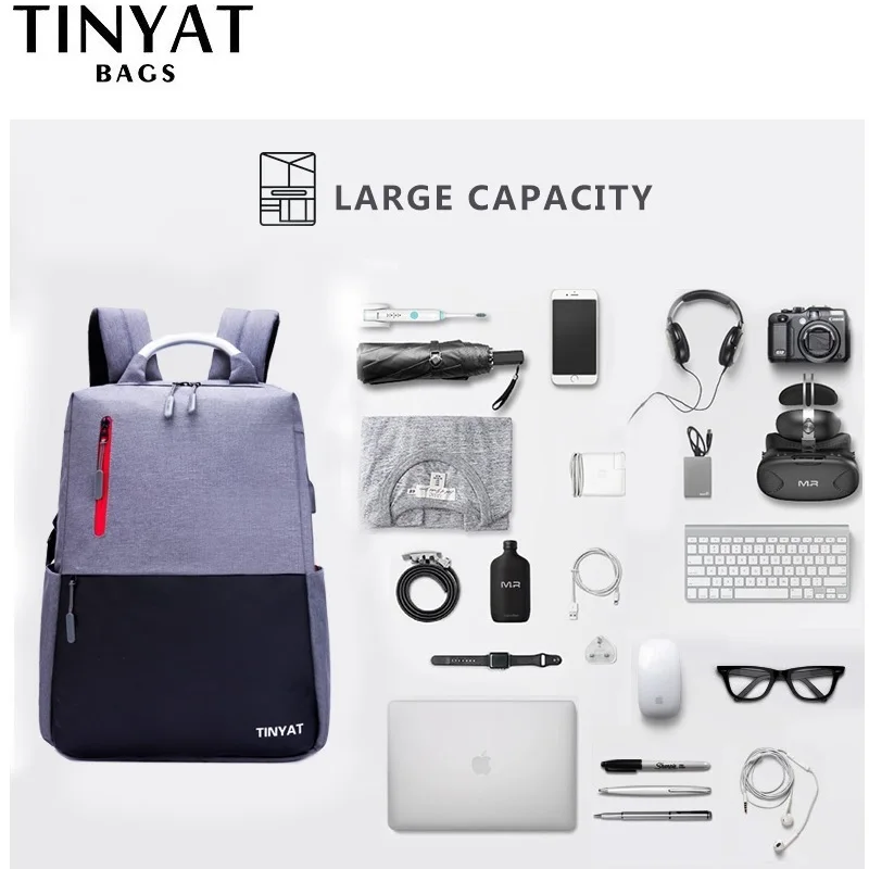 TINYAT мужской рюкзак 15,6 дюймов рюкзак для ноутбука USB зарядка Рюкзак из парусины мужской рюкзак для путешествий Mochila Школьный Рюкзак серый T811