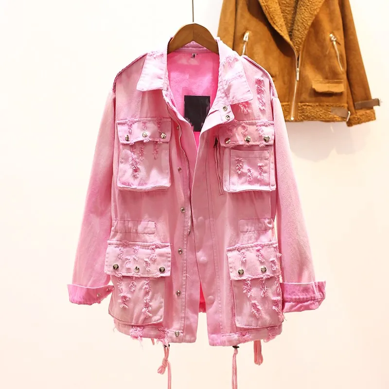 Женская джинсовая куртка на молнии с большими карманами|chaquetas mujer|women jeans jacketdenim coat