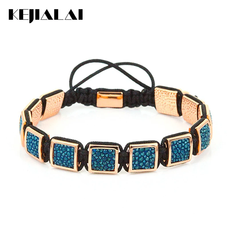 Fashion Stingray Leather Macrame Bracelets Men's Genuine Square Bead Charm Bracelet for Men Luxury Style | Украшения и