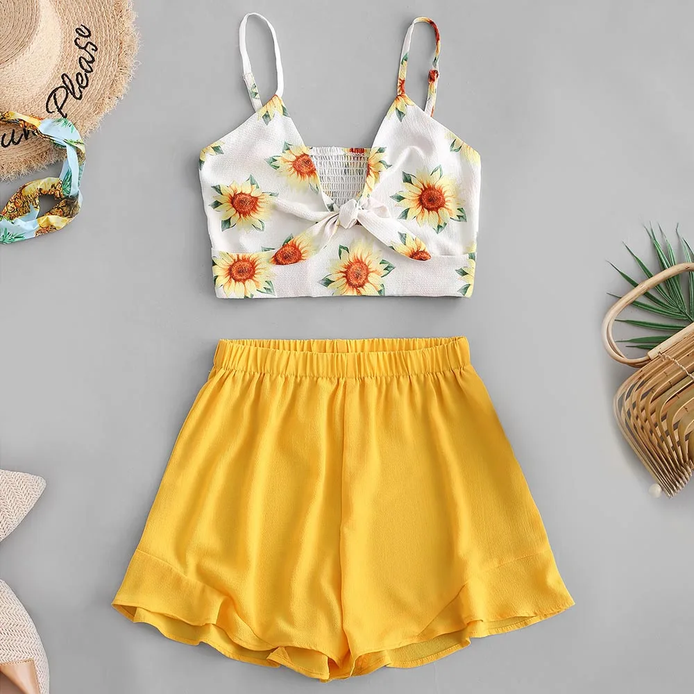 

ZAFUL Knotted Sunflower Smocked Cami Top And Shorts Set High Waist Spaghetti Straps Sleeveless Two Pieces Set Women Streetwear