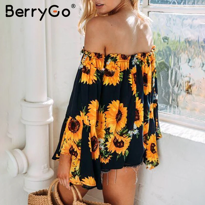 Женская блузка с открытыми плечами BerryGo летняя пляжная цветочным принтом и