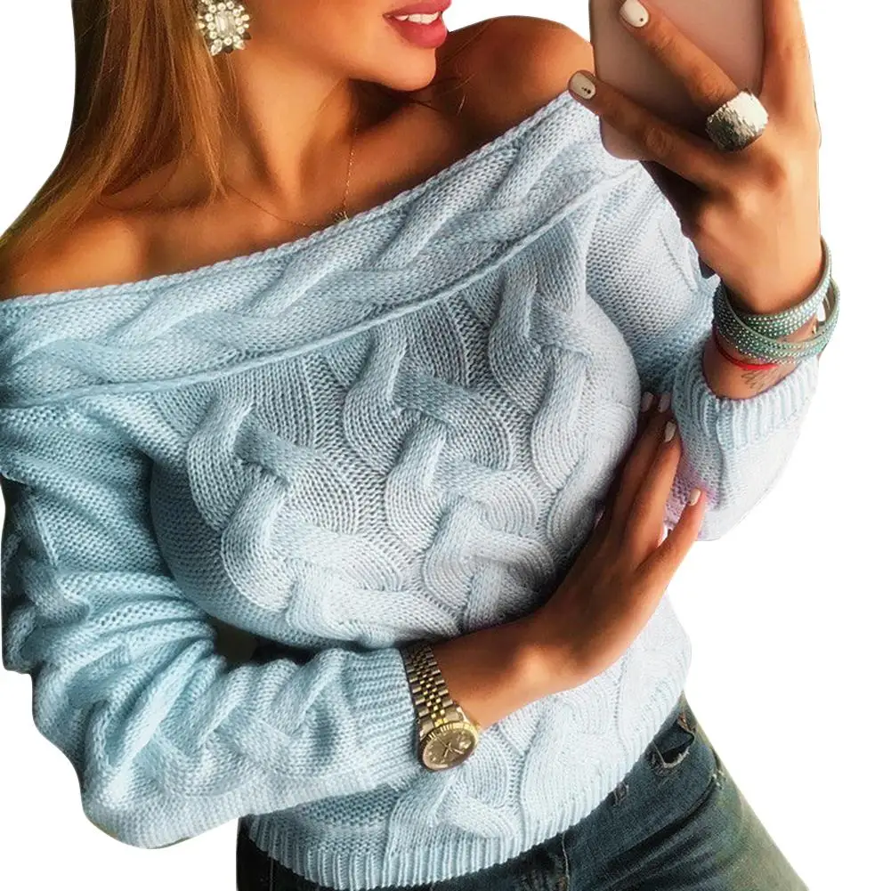 Сексуальный Зимний вязаный свитер с открытыми плечами и вырезом лодочкой