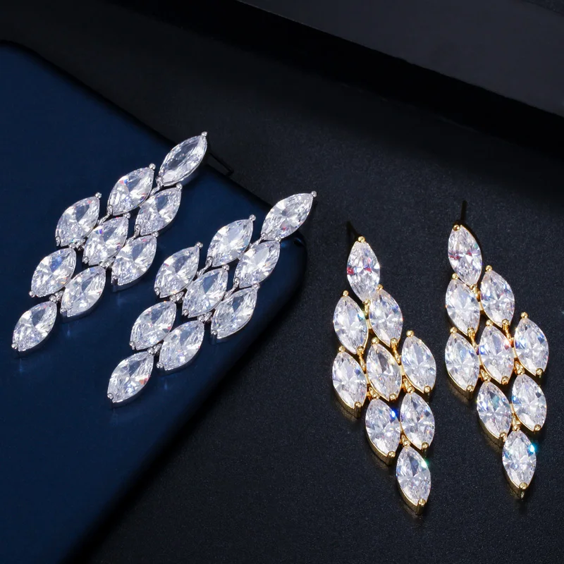 CWWZircons потрясающие серьги Marquise Cut с кубическим цирконием из Дубая золотого цвета длинные большие висячие серьги на свадебную вечеринку для женщин CZ570