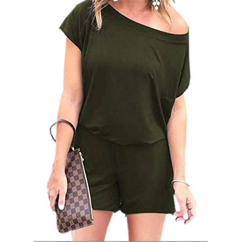 New Women's Single Shoulder Short Sleeve Jumpsuit Casual Pure Color Playsuit Ladies Sport Fitness Romper Beach Party WearSummer |