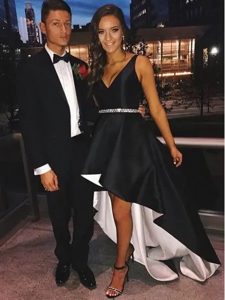 

Elegant Black High Low Evening Dresses V Neck Beaded Sash Vestidos De Fiesta De Noche Classy Cocktail Formal Prom Gowns 2019