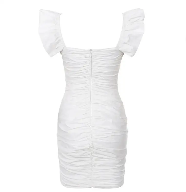 

2019 New White Ruffles Lace Up Bodycon Dress Women Sexy V-Neck Short Pleated Summer Dress Female Casual Slim Party Dress SDE-16
