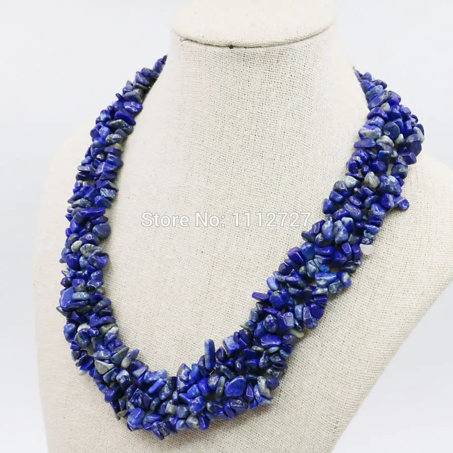 Irregular Lapis lazuli Beads 3Rows Necklace Chain Jewelry Girls Party Gifts 18inch Stone Fitting Accessory Crafts Blue | Украшения и