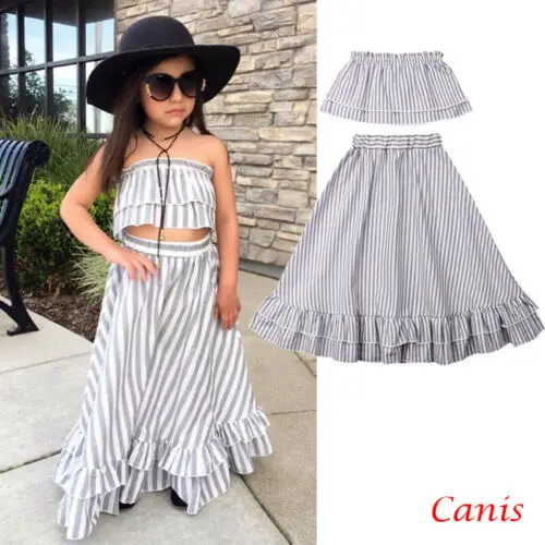 Детская летняя одежда платье в полоску с рюшами для маленьких девочек длинные