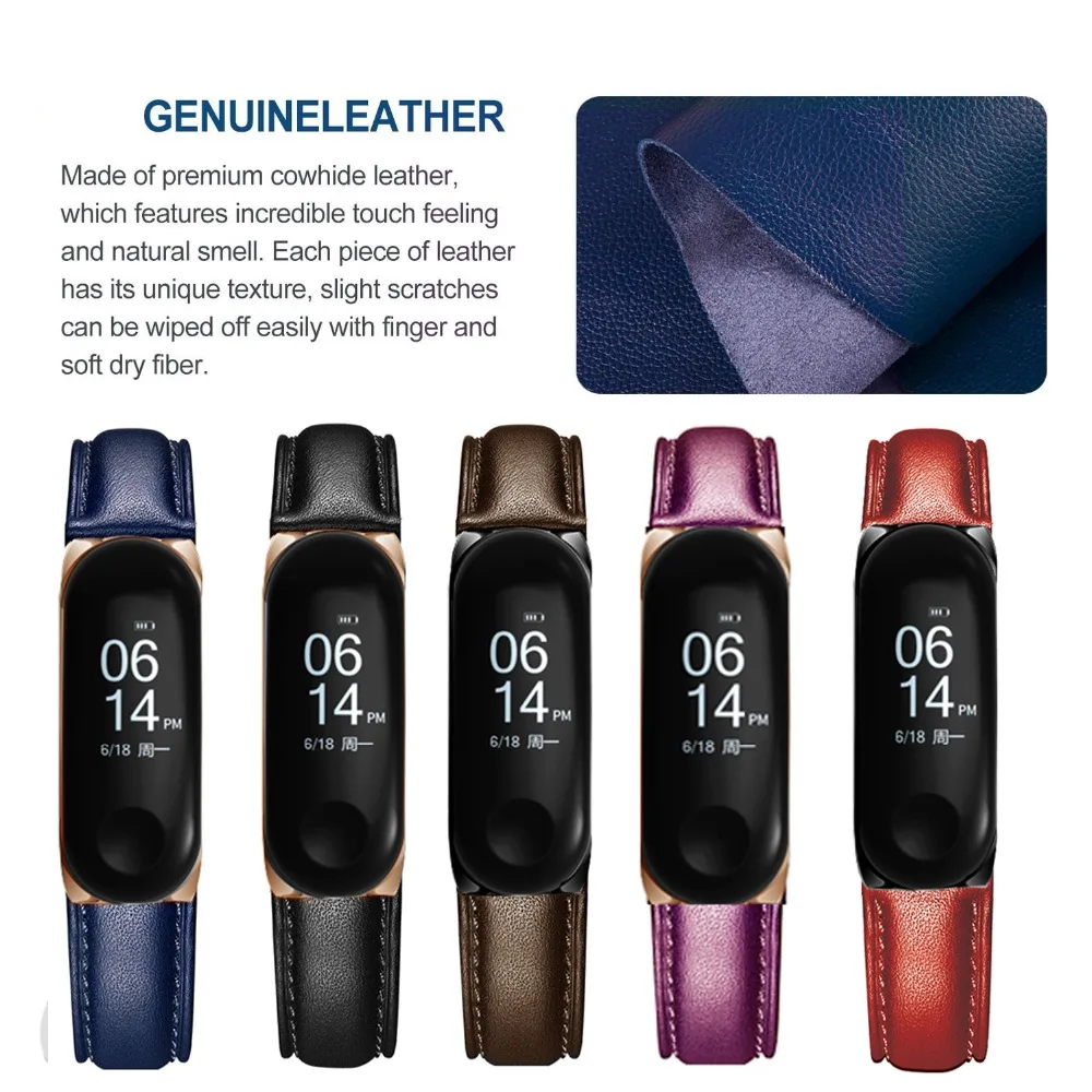 Black and Rose Gold Case Leather Watch Band for Xiaomi Mi 3 Smart Strap Accessories Bracelet Miband3 | Наручные часы