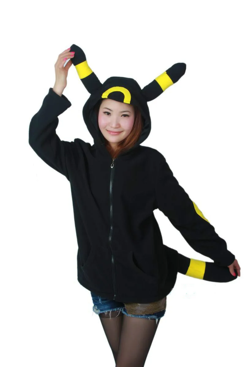 black and yellow Аниме Покемон Блестящий умбреон женщины мужчины молния с ушками на капюшоне Хвосты Косплей Костюм, Толстовка Куртка пальто Верхняя одежда Толстовка с капюшоном - Цвет: black and yellow
