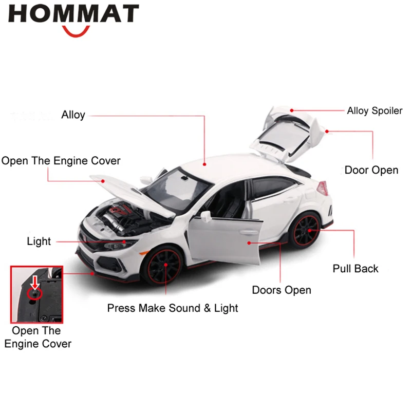 Hommate моделирование 1/32 масштаб Honda Civic Тип R модель машины из сплава 1:32 литье под давлением Автомобили Модель Автомобильные Игрушки транспортные средства игрушки для детей Подарки