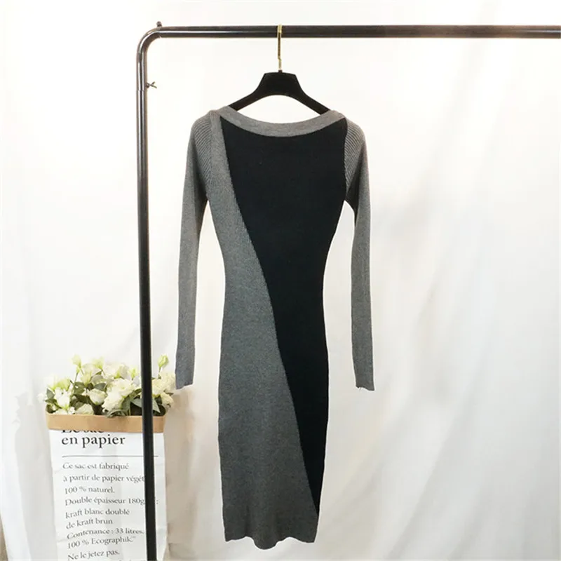 2018 осеннее женское трикотажное платье с длинным рукавом свитер вырезом лодочкой
